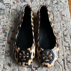 Tory Burch Patent Leather Animal Print Flats with Black Logo